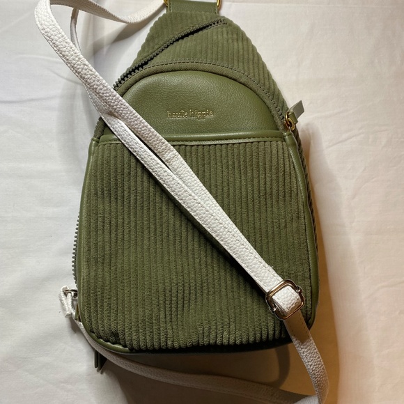 HAUTE HIPPIE Olive Green Corduroy Sling Backpack Crossbody Bag Utilitarian Boho - Picture 2 of 15